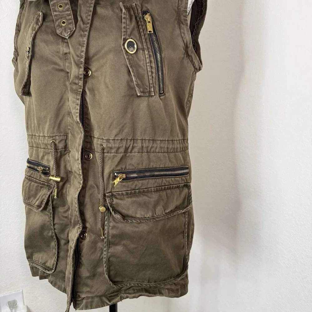 ZARA Woman Olive Utility Cargo Vest L Sleeveless Anorak Jacket Zip Pockets waist